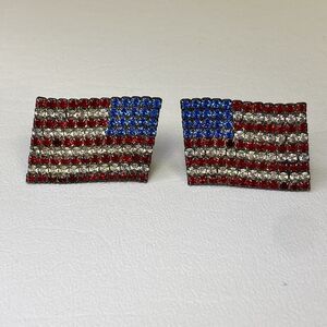 Bauer Rhinestone Red White & Blue American Flag Clip Earrings Signed Vintage